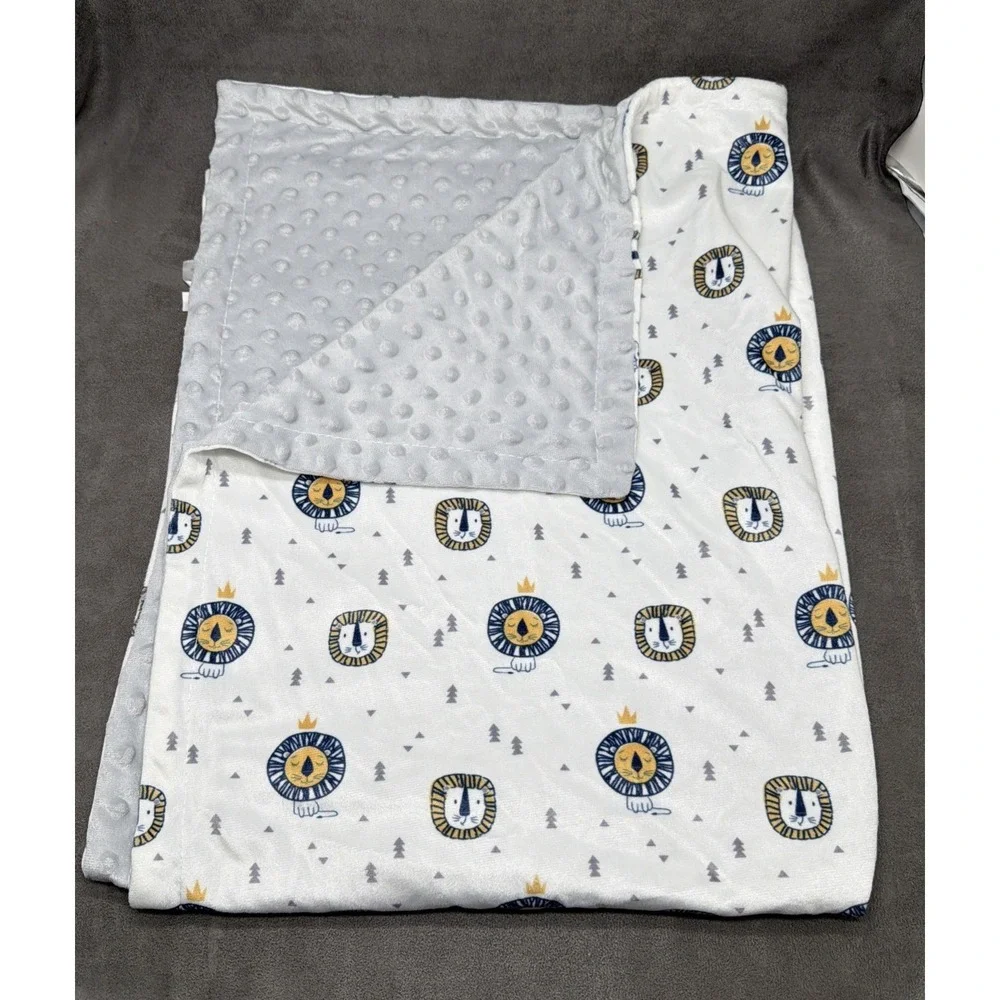 Baby Luxe Lion White Gray Minky Raised Dot Blanket